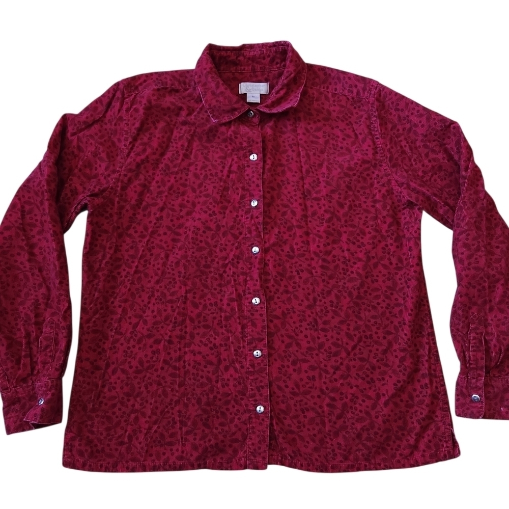 Vintage Floral Berry Corduroy Button Down Shirt Sz M